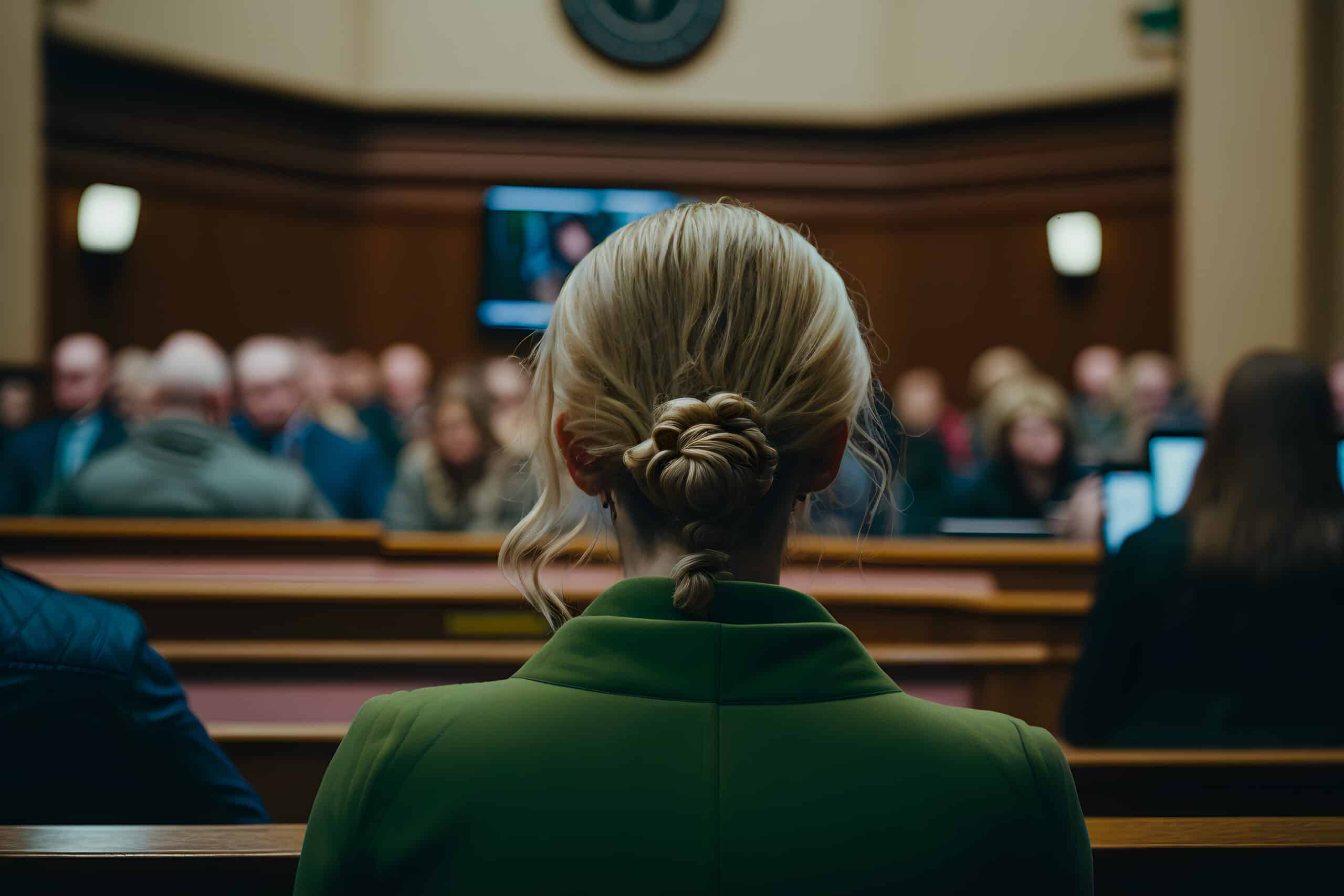Woman facing group of people in courtroom